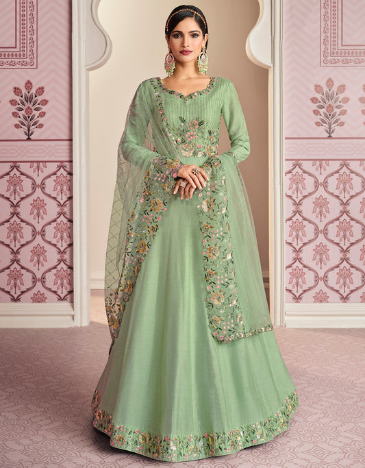 Pista Green Russian Silk Heavy Thread Embroidery With Sequins Work Salwar Kameez