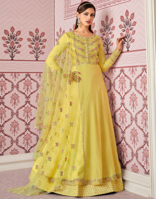 Yellow Russian Silk Heavy Thread Embroidery With Sequins Work Salwar Kameez