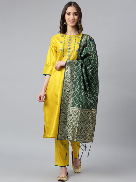 Yellow Slub Silk Blend Thread Embroidery Work on Top with Jacquard Dupatta Salwar Kameez