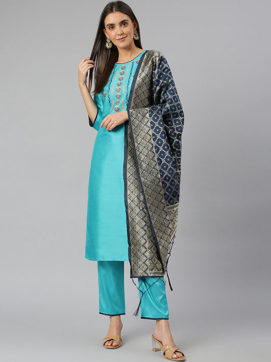 Sky Blue Slub Silk Blend Thread Embroidery Work on Top with Jacquard Dupatta Salwar Kameez