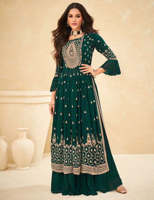 Dark Green Real Georgette Heavy Thread Embroidery With Sequins Work Salwar Kameez
