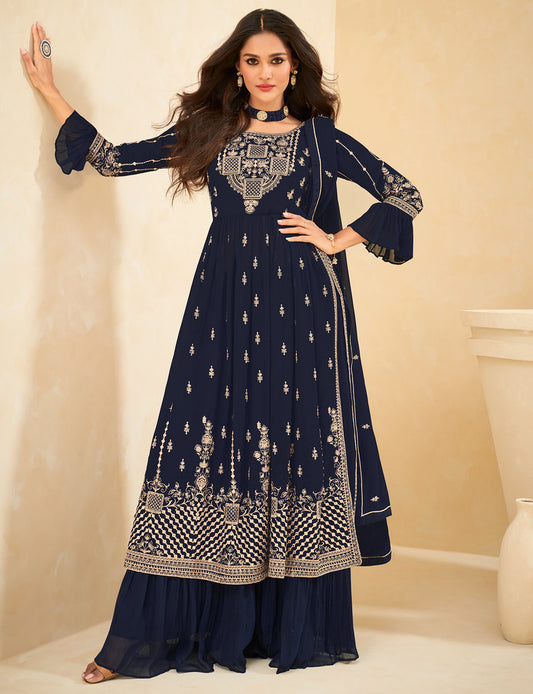 Navy Blue Real Georgette Heavy Thread Embroidery With Sequins Work Salwar Kameez