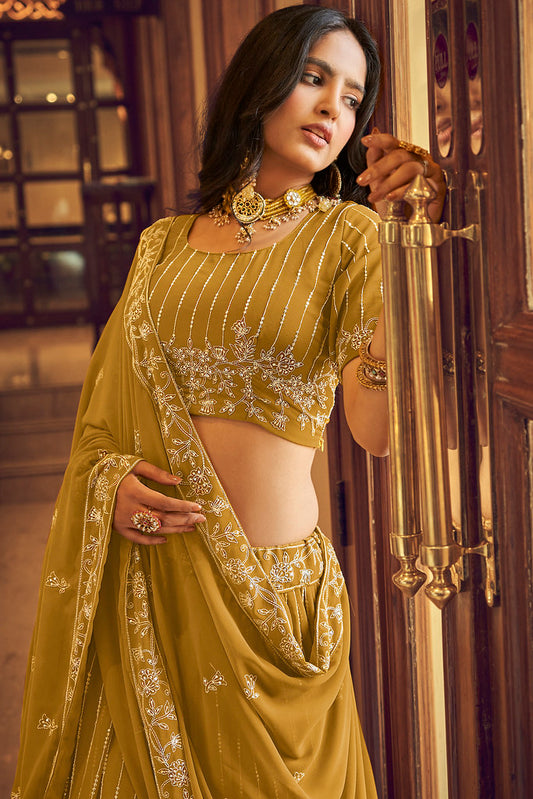 Mustard Faux Georgette Heavy Thread Embroidery With Sequins Work Lehenga Choli