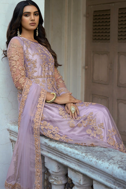 Lavender Heavy Butterfly Net Heavy Thread Embroidery With Sequins Work Salwar Kameez