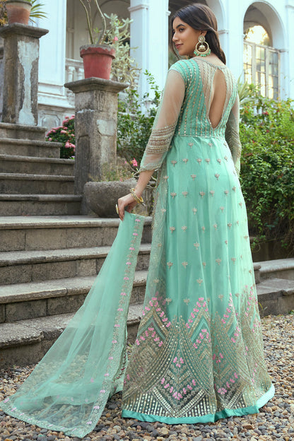 Sea Green Heavy Butterfly Net Heavy Thread Embroidery With Sequins Work Salwar Kameez