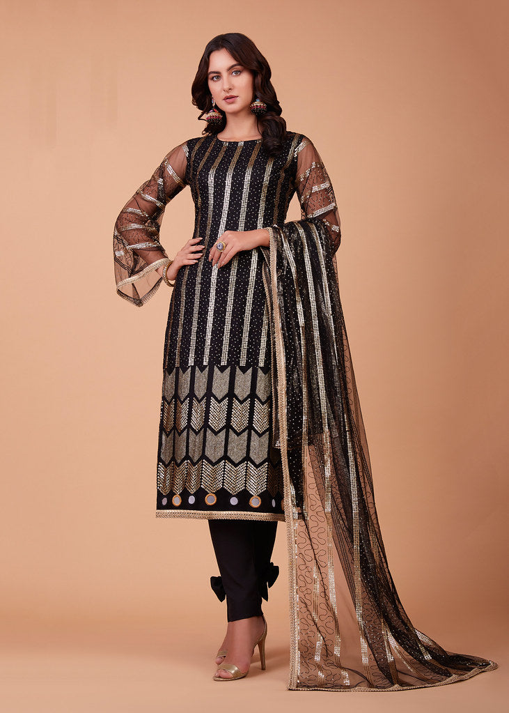 Black Butterfly Net Heavy Thread, Sequins Embroidery With Mirror Work Salwar Kameez
