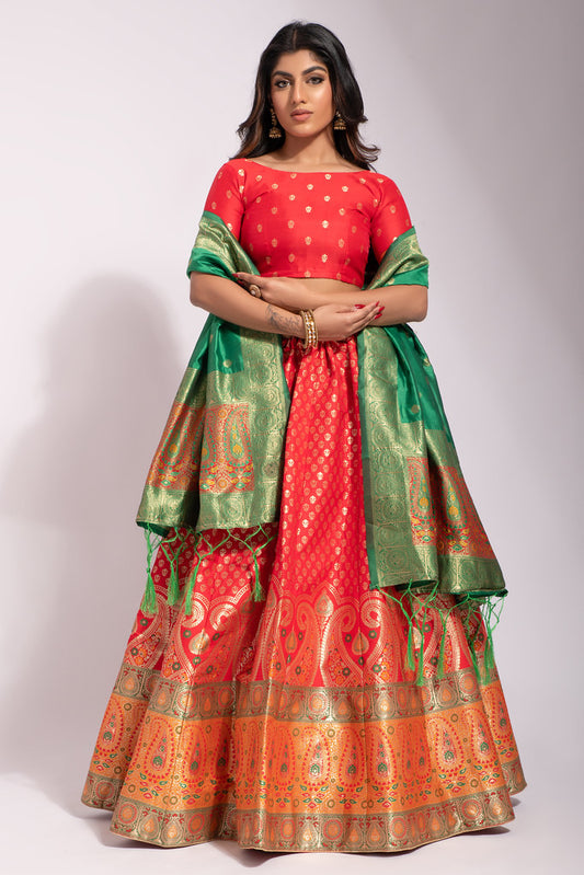 Red Banarasi Silk Jacquard Woven Lehenga Choli