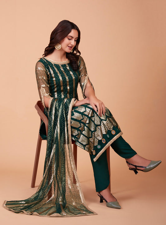 Bottle Green Butterfly Net Heavy Thread, Sequins Embroidery With Mirror Work Salwar Kameez
