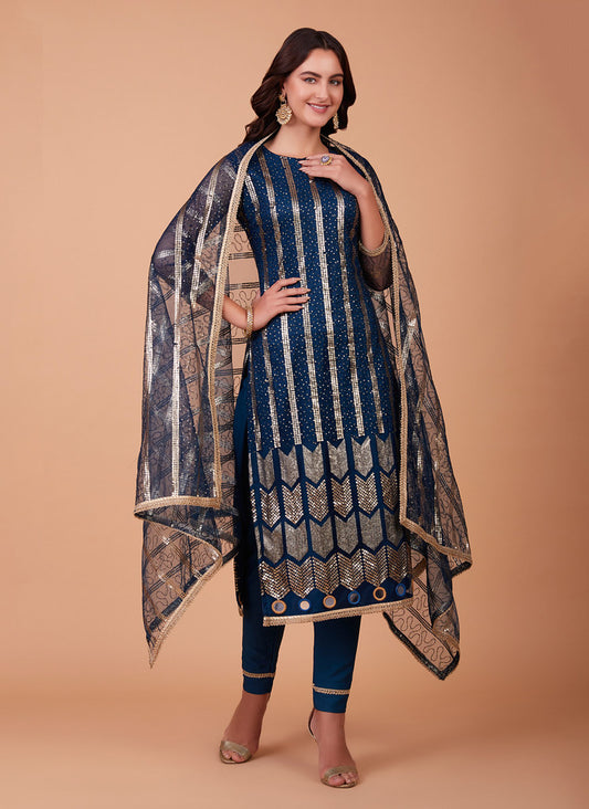 Blue Butterfly Net Heavy Thread, Sequins Embroidery With Mirror Work Salwar Kameez