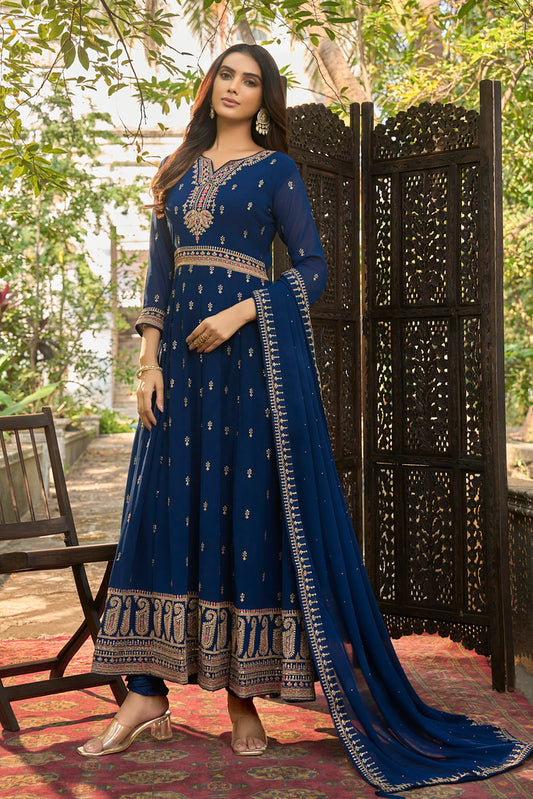Blue Faux Georgette Heavy Thread Embroidery With Zari Sequins Work Salwar Kameez
