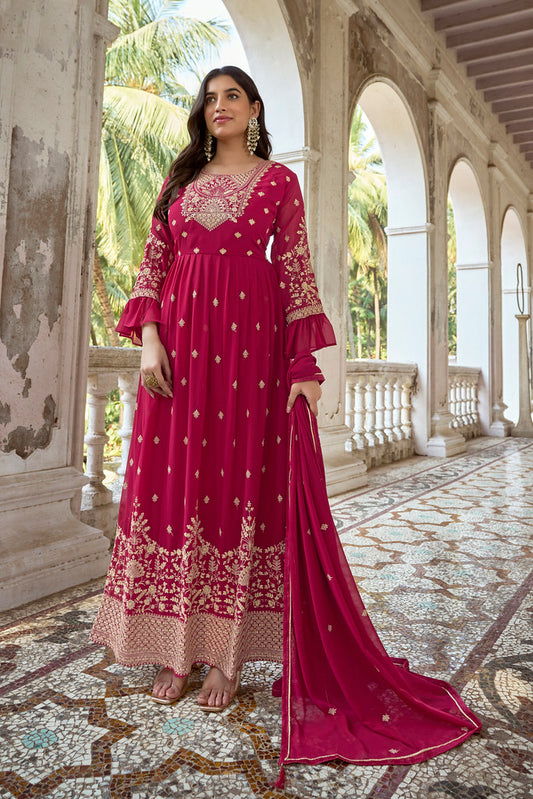 Rani Pink Faux Georgette Heavy Thread Embroidery With Zari Sequins Work Salwar Kameez