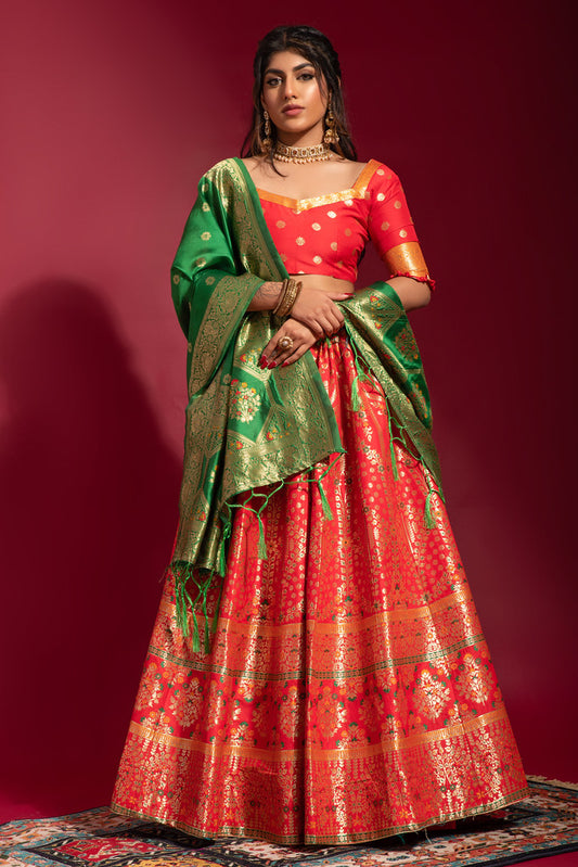 Red Banarasi Silk Jacquard Woven Lehenga Choli