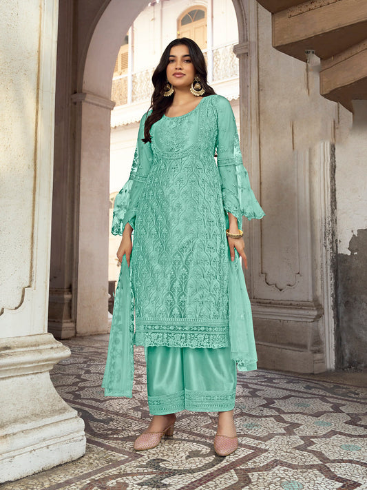 Mint Butterfly Net Heavy Thread and Coding Embroidery with Diamond Work Salwar Kameez
