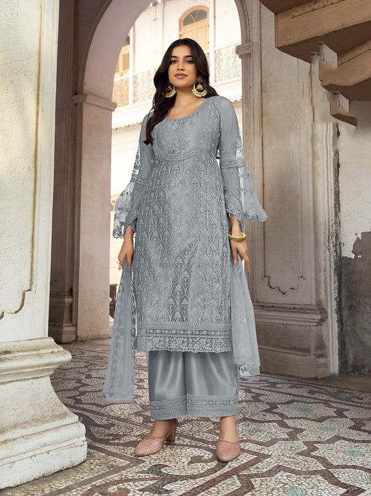 Steel Grey Butterfly Net Heavy Thread and Coding Embroidery with Diamond Work Salwar Kameez
