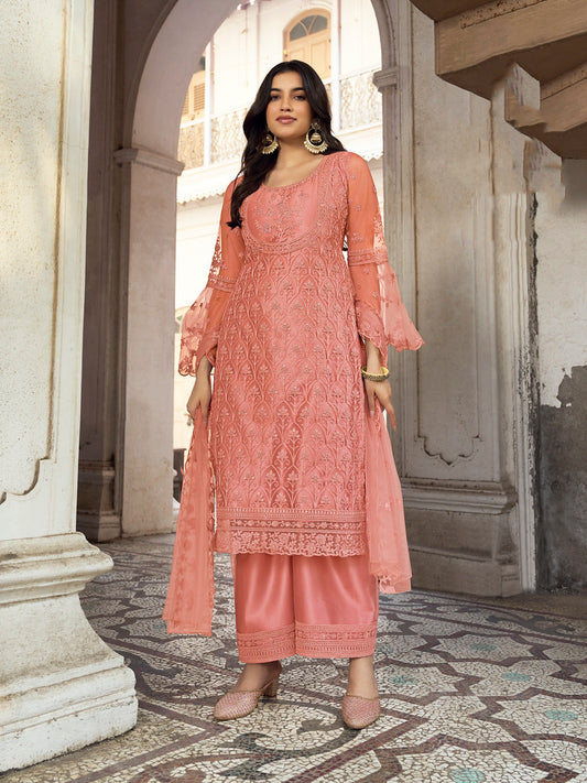 Coral Butterfly Net Heavy Thread and Coding Embroidery with Diamond Work Salwar Kameez