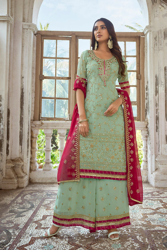 Sea Green Heavy Faux Georgette Heavy Thread Embroidery with Sequins Work Salwar Kameez