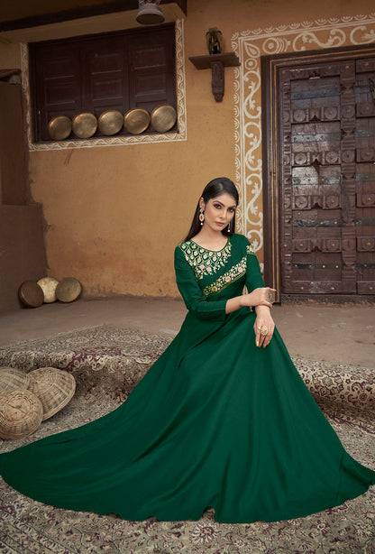Green Heavy Muslin Heavy Thread Embroidery with Stone Work Gown