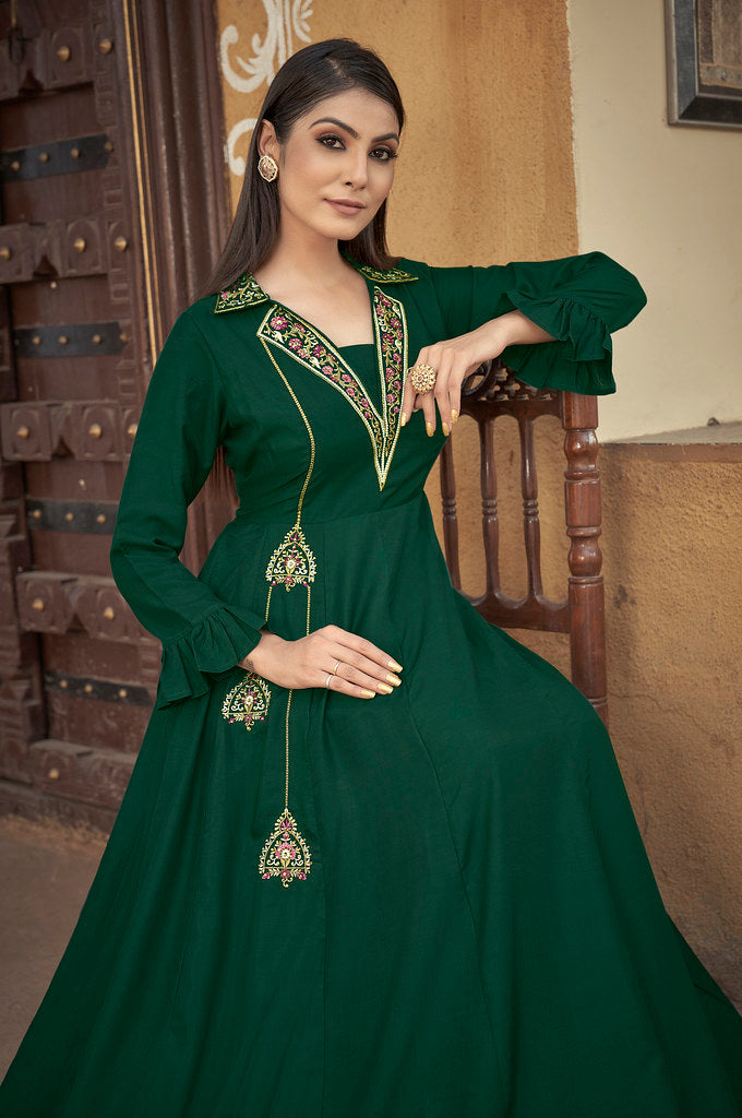 Green Heavy Muslin Heavy Thread Embroidery with Stone Work Gown