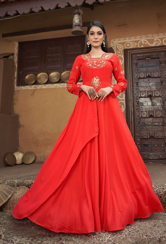 Red Heavy Muslin Heavy Thread Embroidery with Stone Work Gown