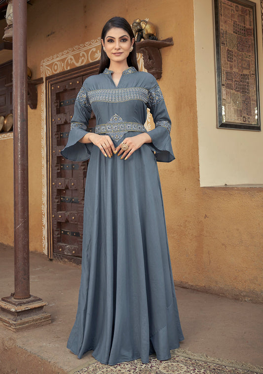 Grey Heavy Muslin Heavy Thread Embroidery with Stone Work Gown