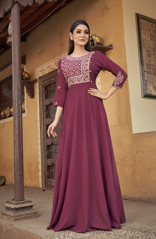 Burgundy Heavy Muslin Heavy Thread Embroidery with Stone Work Gown