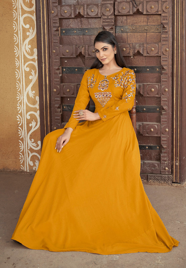 Yellow Heavy Muslin Heavy Thread Embroidery with Stone Work Gown