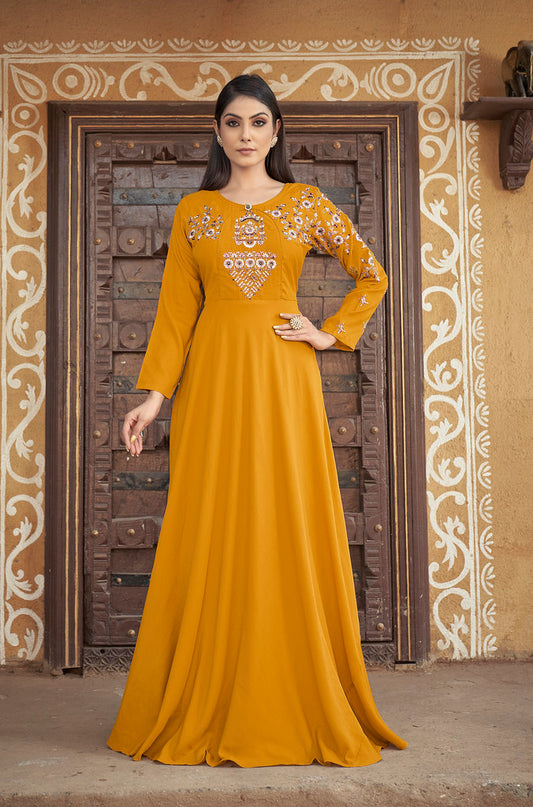 Yellow Heavy Muslin Heavy Thread Embroidery with Stone Work Gown