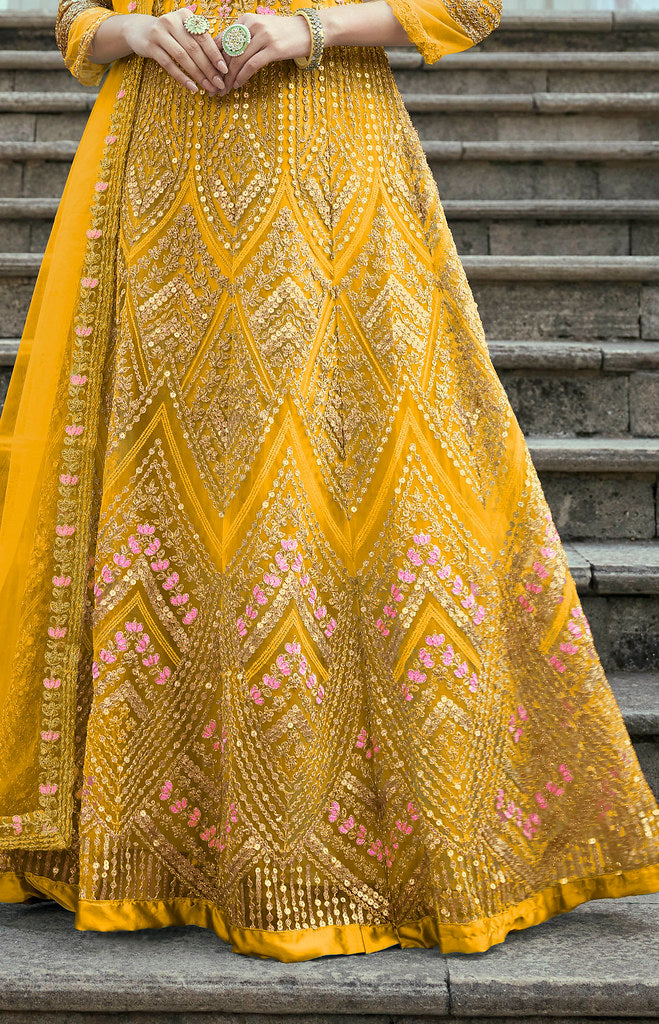 Yellow Heavy Butterfly Net Heavy Thread Embroidery With Sequins Work Salwar Kameez
