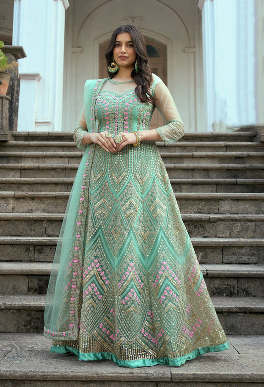 Sea Green Heavy Butterfly Net Heavy Thread Embroidery With Sequins Work Salwar Kameez