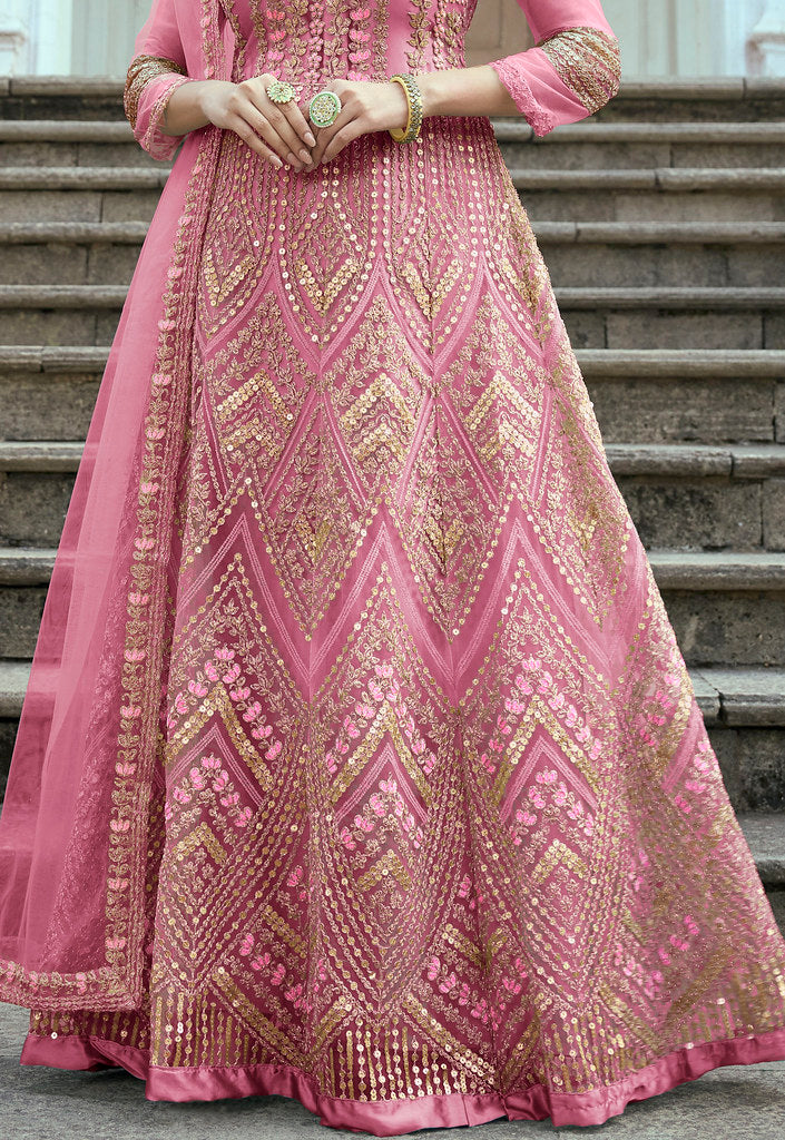 Pink Heavy Butterfly Net Heavy Thread Embroidery With Sequins Work Salwar Kameez