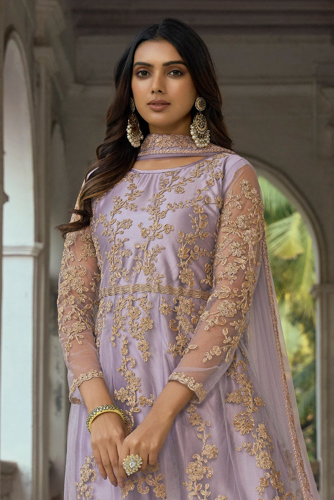 Lavender Heavy Butterfly Net Heavy Thread Embroidery With Sequins Work Salwar Kameez