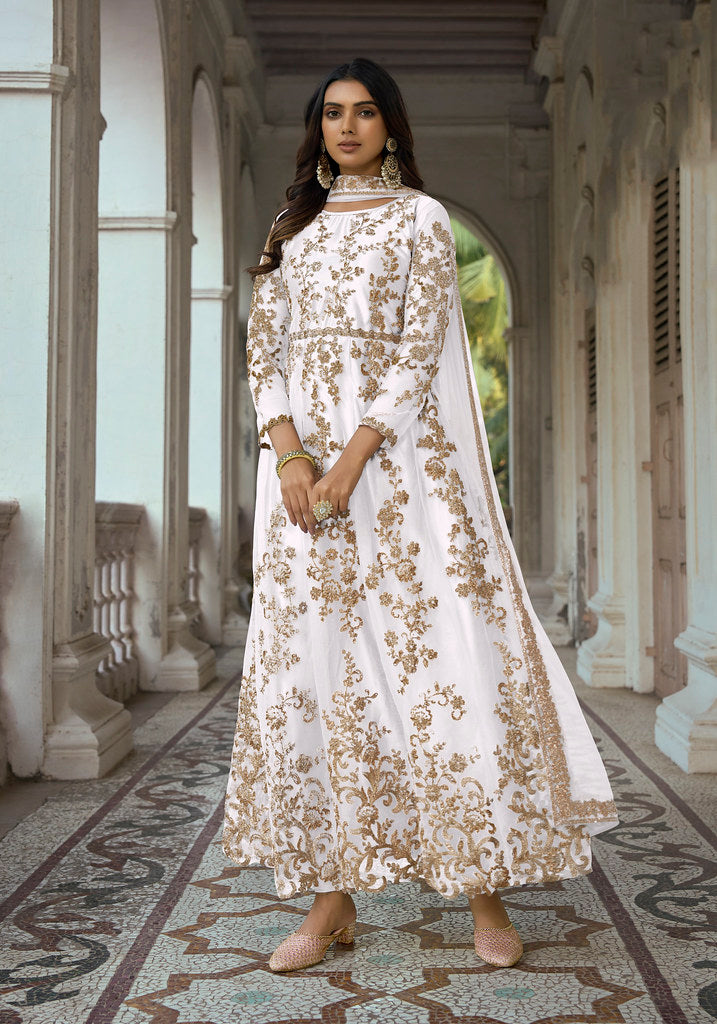 White Heavy Butterfly Net Heavy Thread Embroidery With Sequins Work Salwar Kameez