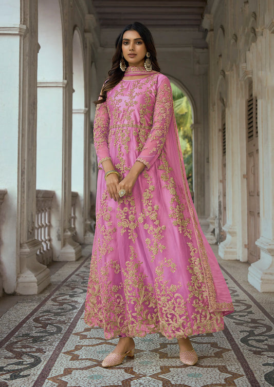Pink Heavy Butterfly Net Heavy Thread Embroidery With Sequins Work Salwar Kameez