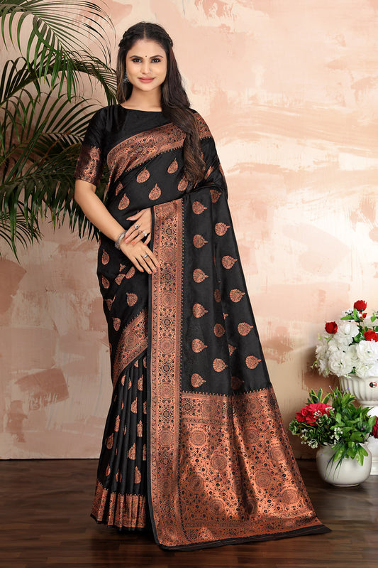 Black Banarasi Silk Jacquard Woven Saree with Blouse