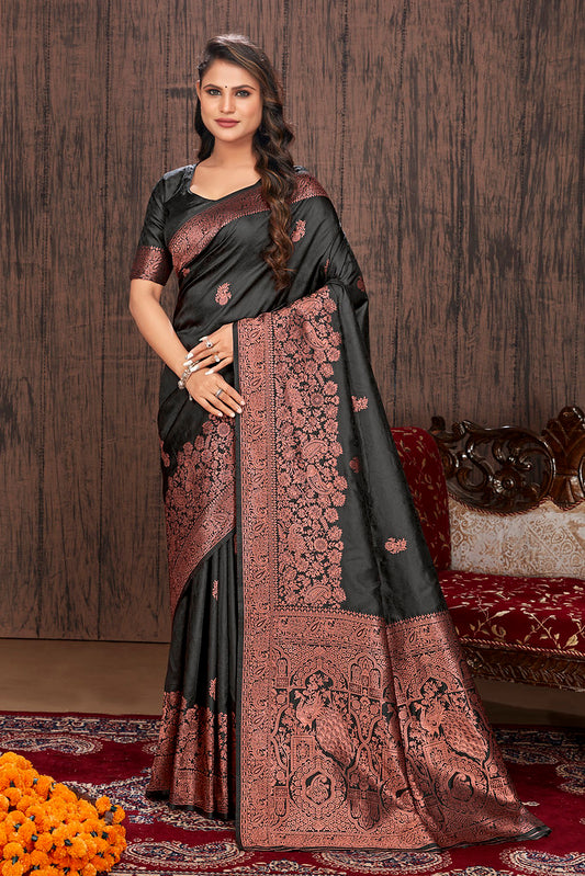 Black Banarasi Silk Jacquard Woven Saree with Blouse