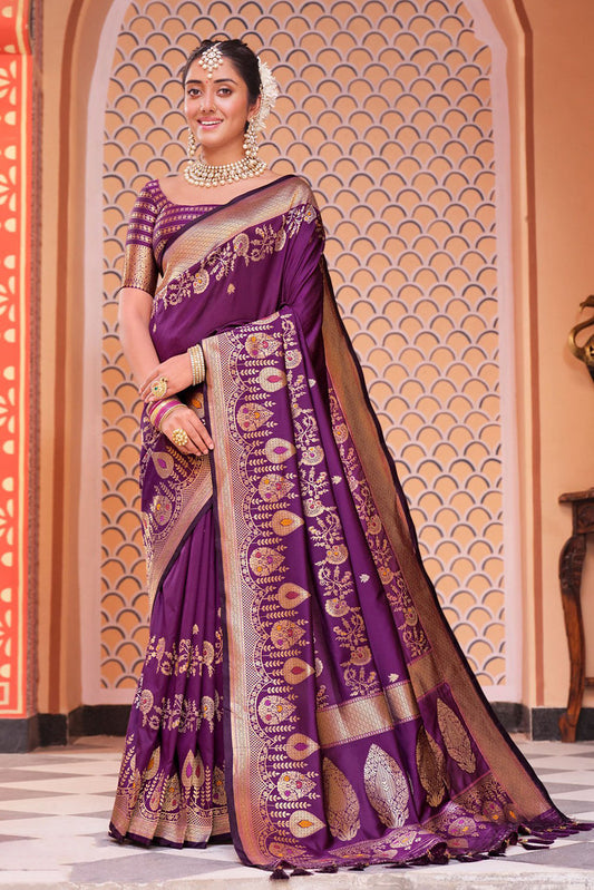Purple Silk Jacquard Woven Work Saree with Blouse