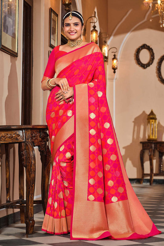 Rani Pink Silk Jacquard Woven Work Saree with Blouse