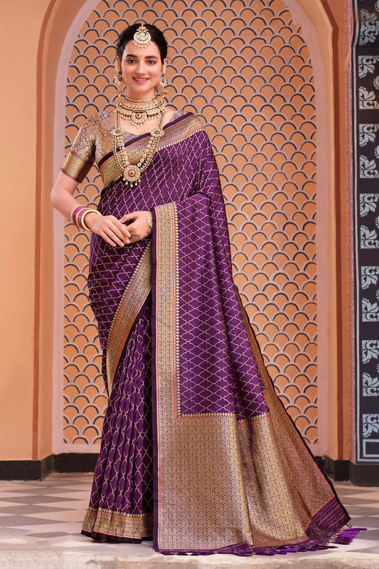 Purple Silk Jacquard Woven Work Saree with Blouse
