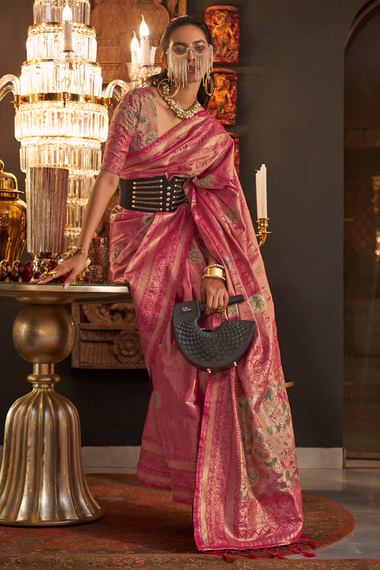 Rani Pink Handloom Weaving Silk Jacquard Woven Saree with Blouse