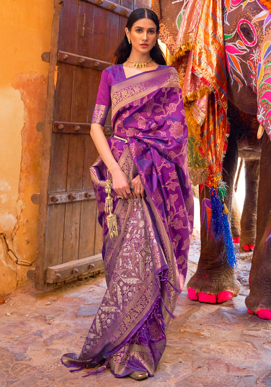 Violet Handloom Weaving Silk Jacquard Woven With Sequins Saree with Blouse