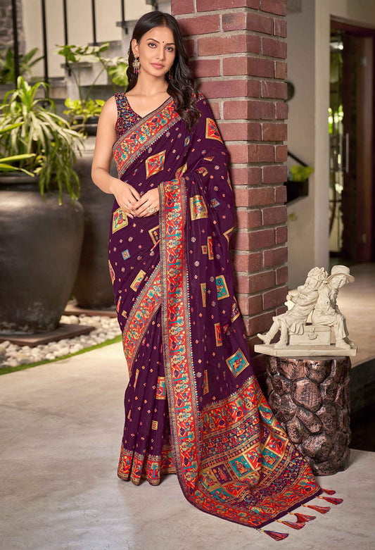 Purple Cotton Silk Jacquard Woven Saree with Blouse