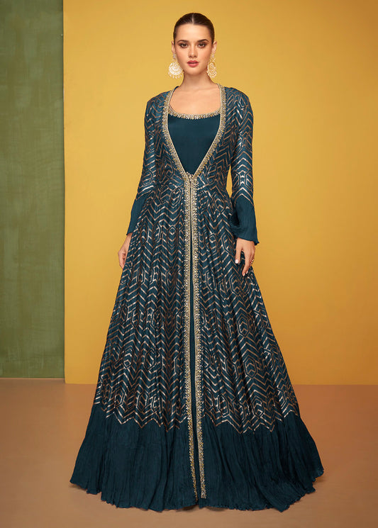 Teal Blue Premium Silk Heavy Thread Embroidery With Sequins Work Salwar Kameez