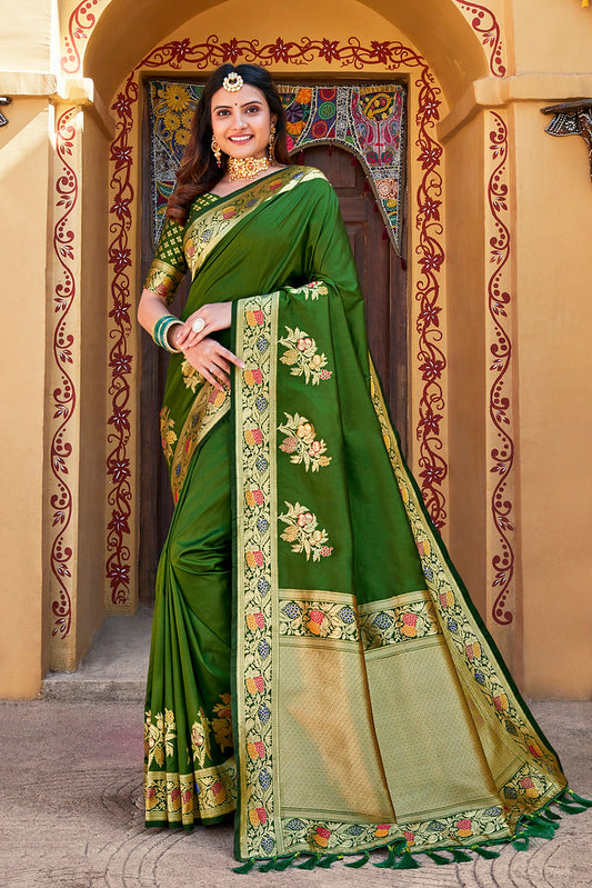 Mehendi Green Silk Jacquard Woven Work Saree with Blouse