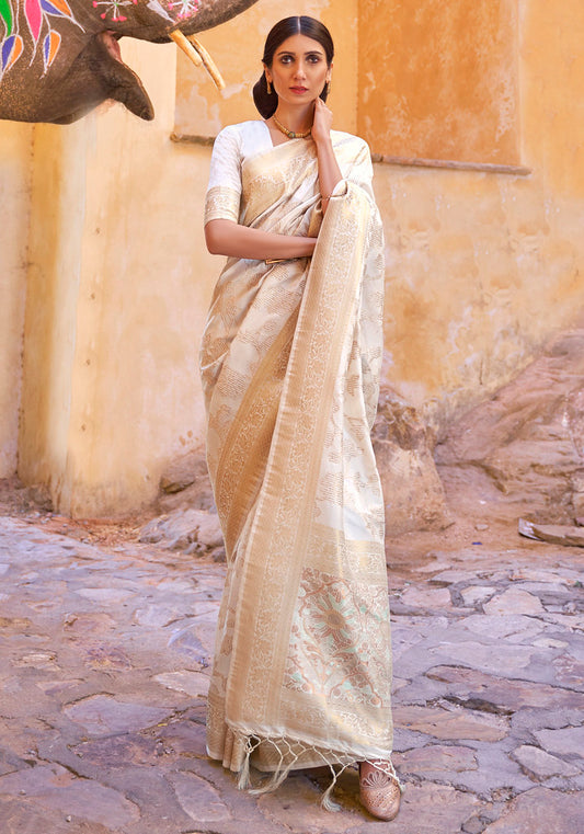 White Handloom Weaving Silk Jacquard Woven With Sequins Saree with Blouse