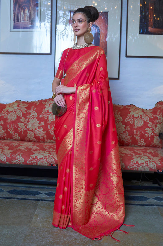 Rani Pink Handloom Weaving Silk Jacquard Woven Saree with Blouse