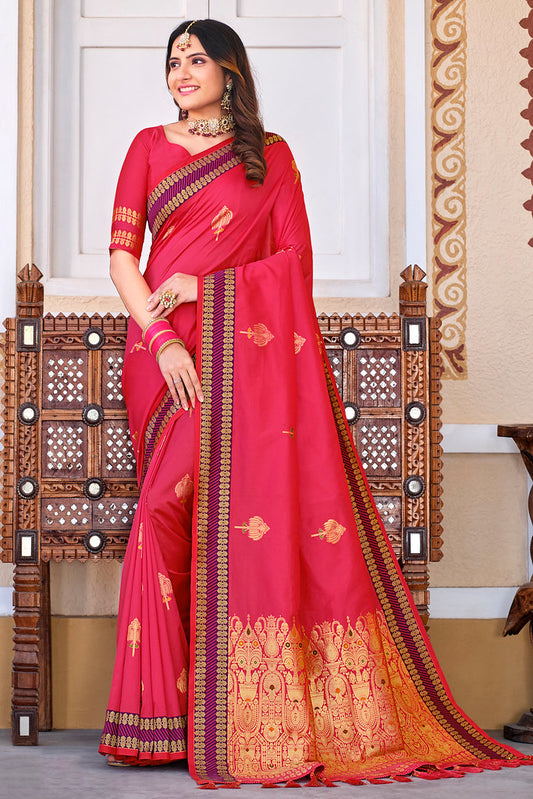 Rani Pink Silk Jacquard Woven Work Saree with Blouse