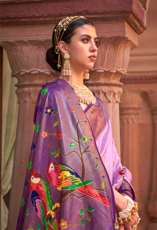 Lavender Poly Silk Jacquard Woven With Digital Print Saree with Blouse