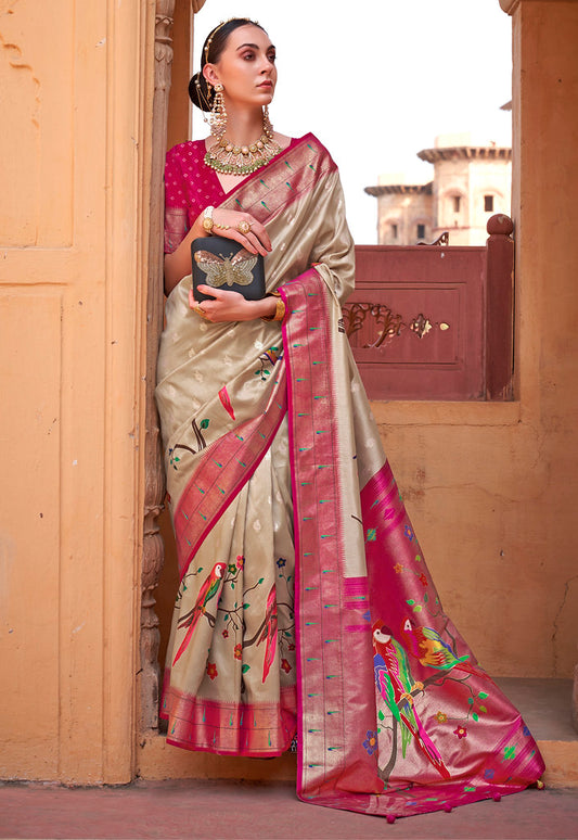 Beige Poly Silk Jacquard Woven With Digital Print Saree with Blouse