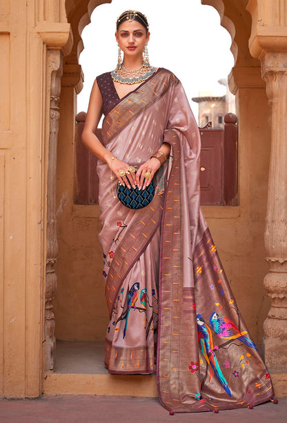 Dutsy Pink Poly Silk Jacquard Woven With Digital Print Saree with Blouse