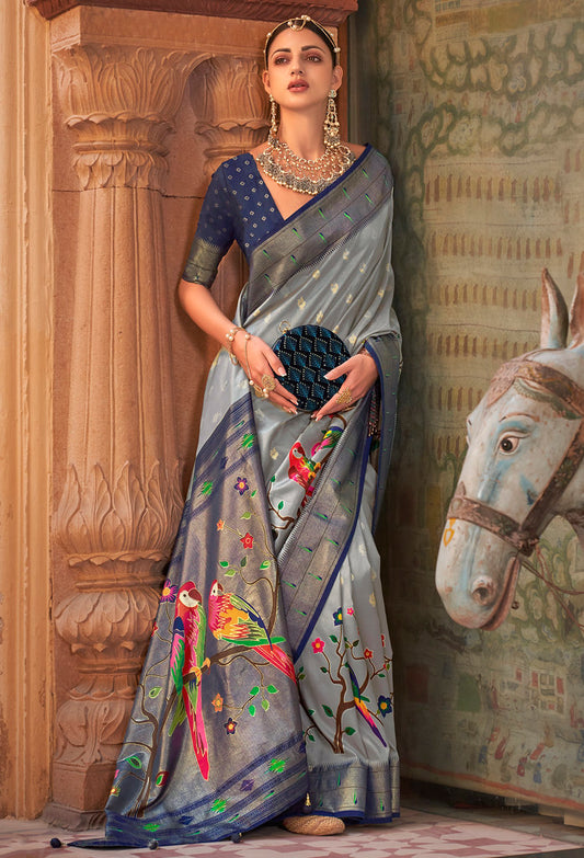 Grey Poly Silk Jacquard Woven With Digital Print Saree with Blouse